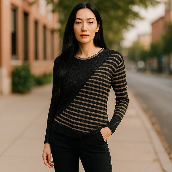 Anthropologie Escio Asymmetrical Metallic Gold and Black Sequined Sweater Small - Picture 12 of 12